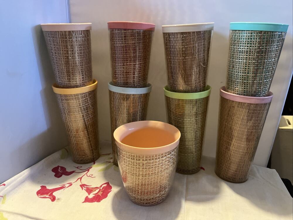 8 Vtg Insulated Tumblers + 1 Cup Rattan Raffia Wicker MCM Retro Barware